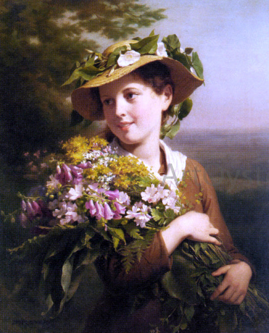 Fritz Zuber-Buhler A Young Beauty Holding a Bouquet of Flowers - Canvas Print