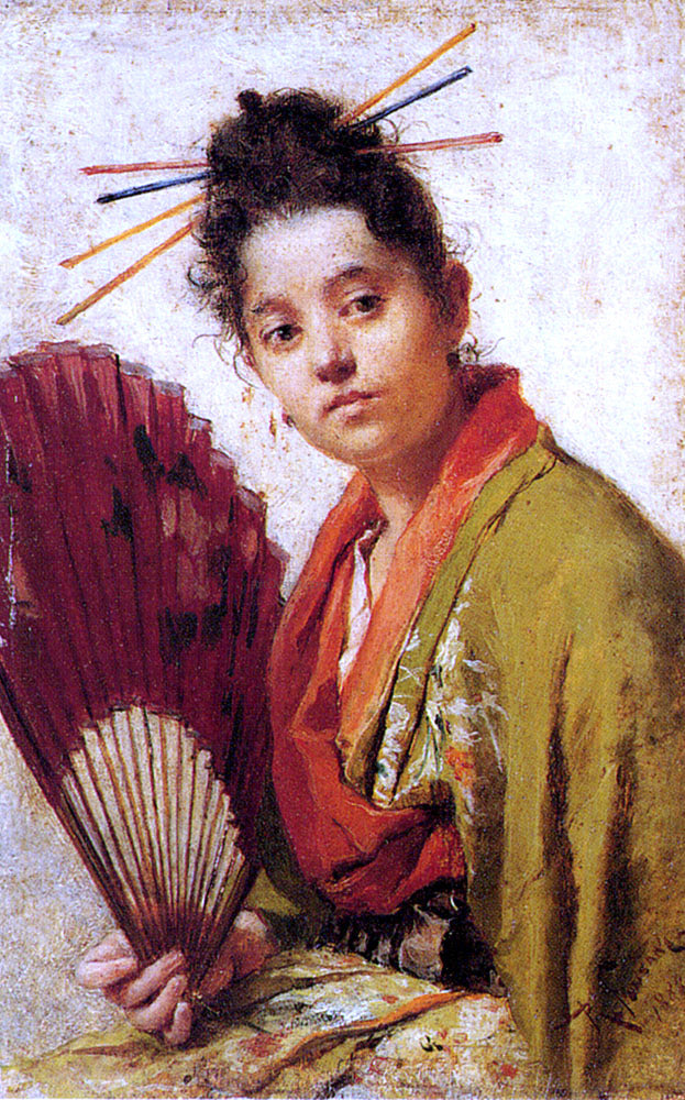  Roberto Fontano A Young Girl Holding A Fan - Canvas Print