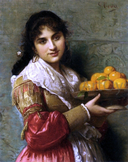  Giovanni Costa A Young Italian Beauty with a Plate of Oranges - Canvas Print