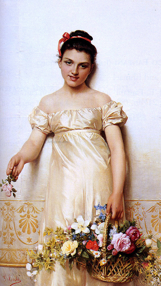  Giovanni Costa A Young Lady Holding A Basket Of Flowers - Canvas Print
