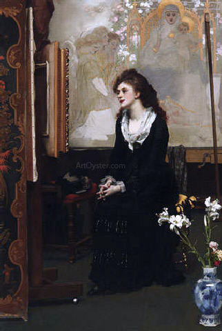  Karl Gussow A Young Woman Views a Painting on an Easel in Front of a Cartoon - Canvas Print