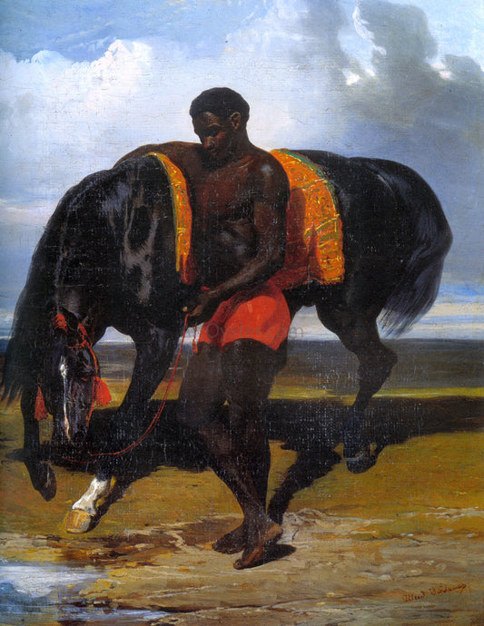  Alfred De Dreux Africain tenant un cheval au bord d'une mer - Canvas Print
