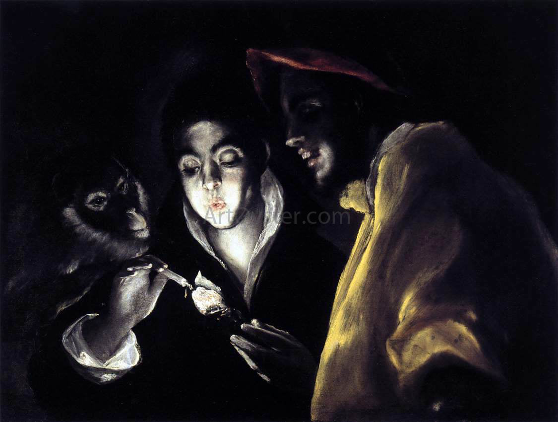  El Greco Allegory with a Boy Lighting a Candle in the Company of an Ape and a Fool (Fabula) - Canvas Print