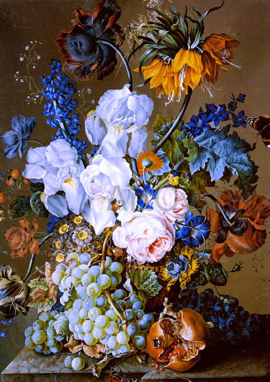  Anton Hartinger An Elaborate Floral Still Life with a Pomegranate, Grapes and Butterflies - Canvas Print