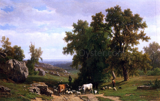  Eugene Verboeckhoven An Extensive Wooded Rocky Landscape with Shepherds and Flock, Cows and a Traveller on a Horseback - Canvas Print