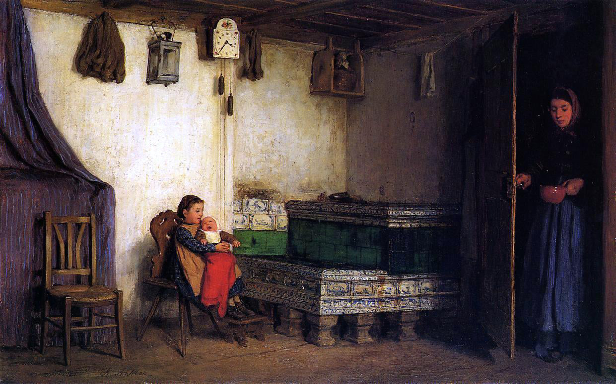  Albert Anker An Interior with Mother and Children - Canvas Print