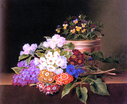  Johan Laurentz Jensen Apple Blossoms, Lilac, Violas, Cornflowers and Primroses on a Ledge - Canvas Print