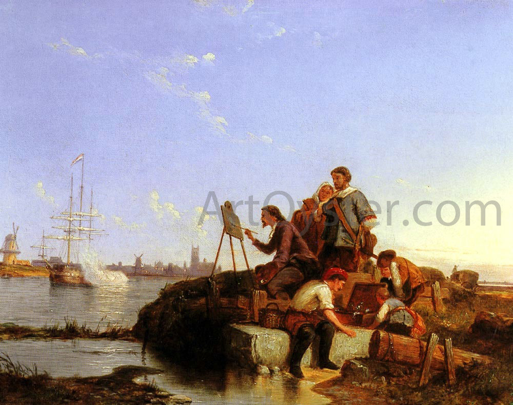  Pieter Christian Dommerson Artist at his Easel with Shipping beyond - Canvas Print