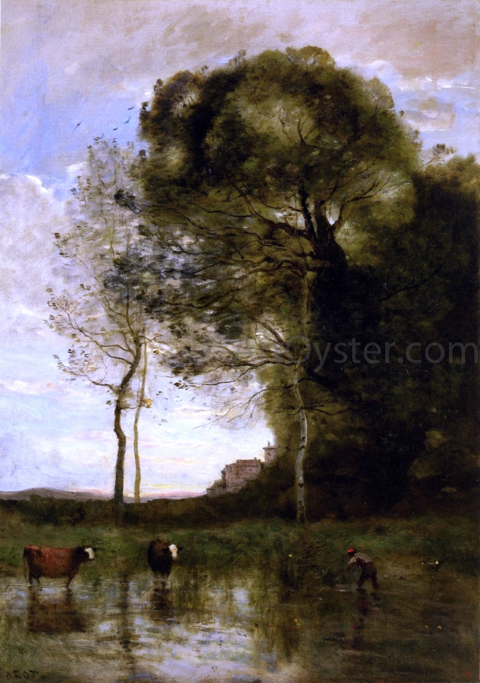  Jean-Baptiste-Camille Corot Banks of a Pond with Two Cows, Italian Souvenir - Canvas Print