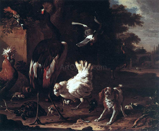  Melchior D'Hondecoeter Birds and a Spaniel in a Garden - Canvas Print
