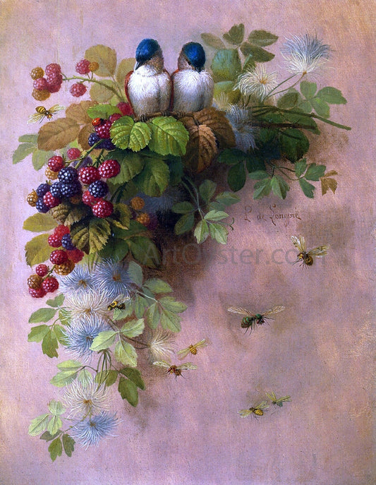  Raoul Paul Maucherat De Longpre Birds, Bees and Berries - Canvas Print