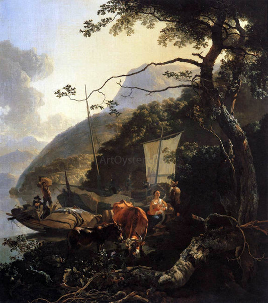  Adam Pynacker Boatmen Moored on the Shore of an Italian Lake - Canvas Print