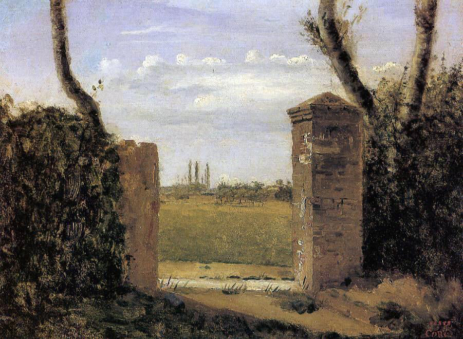  Jean-Baptiste-Camille Corot Boid-Guillaumi, near Rouen - A Gate Flanked by Two Posts - Canvas Print
