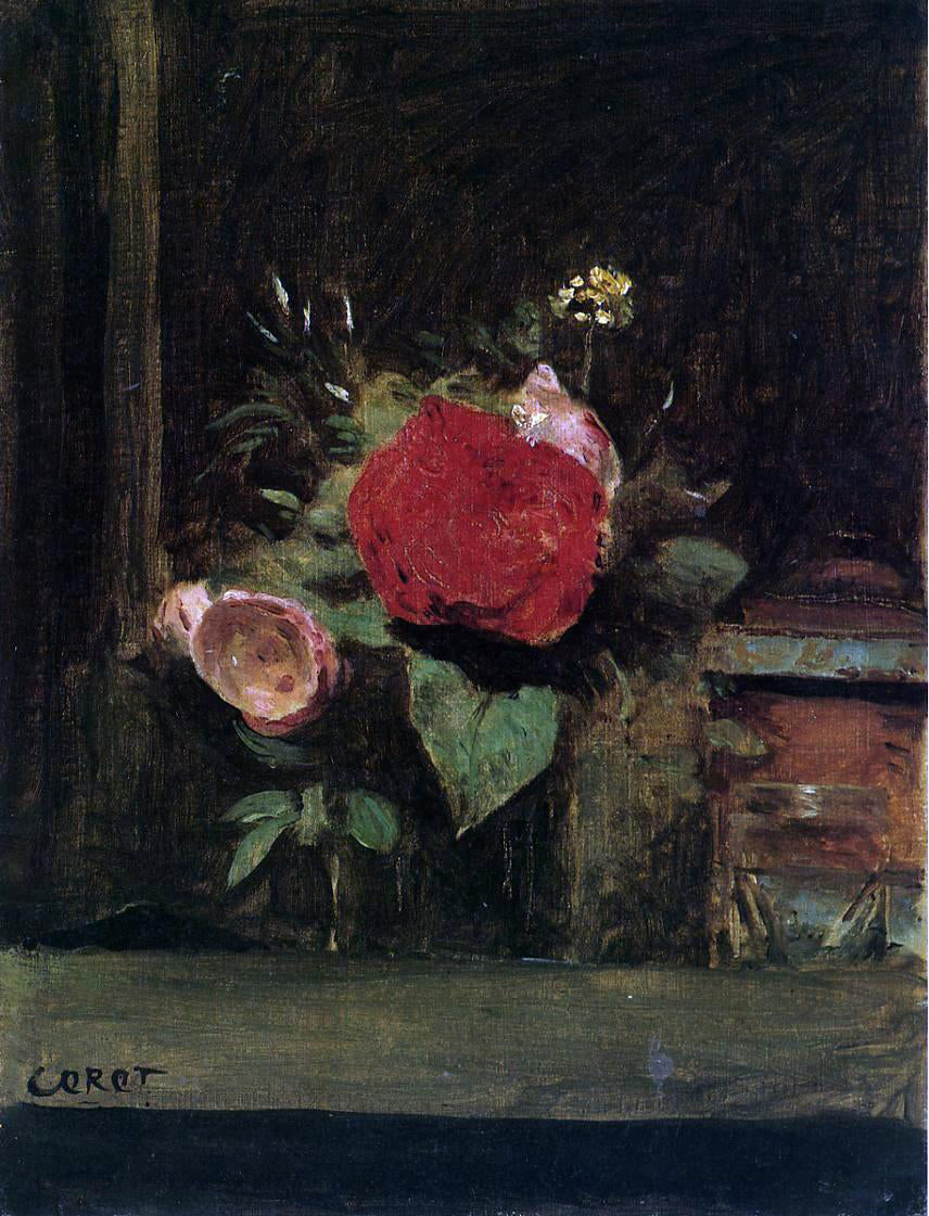  Jean-Baptiste-Camille Corot Bouquet of Flowers in a Vase next to a Pot of Tobacco - Canvas Print