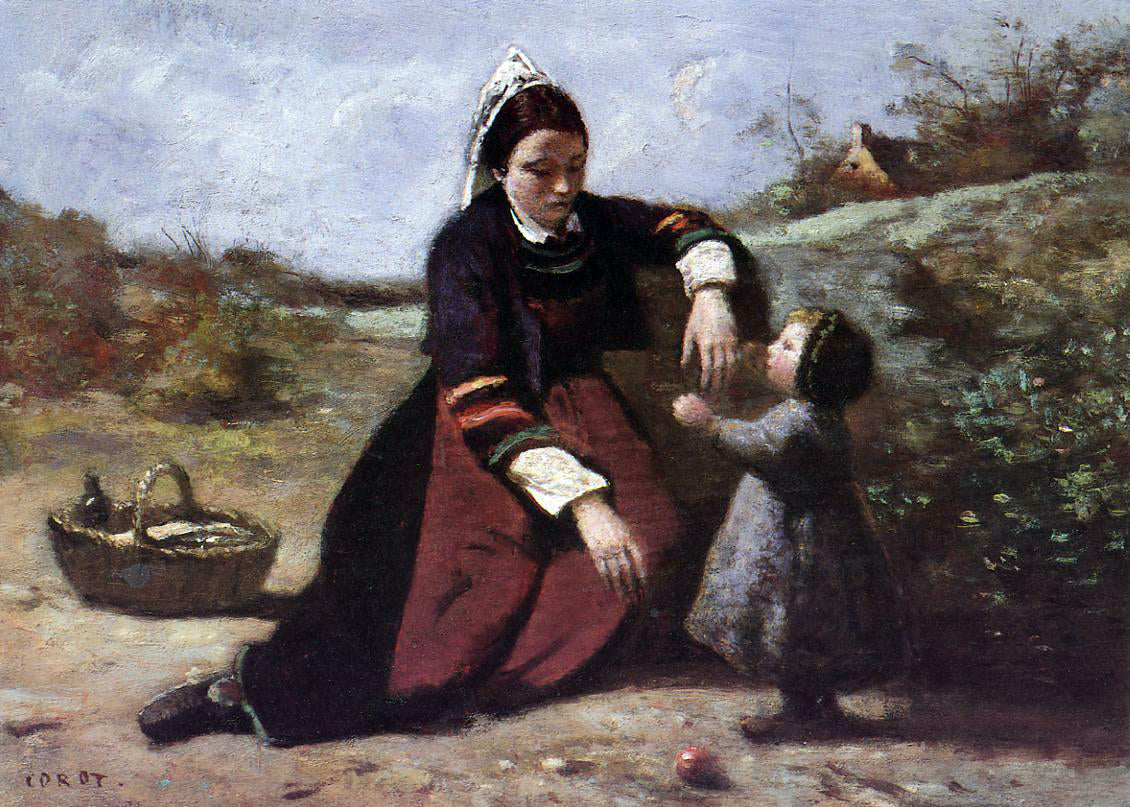  Jean-Baptiste-Camille Corot Breton Woman With Her Little Girl - Canvas Print