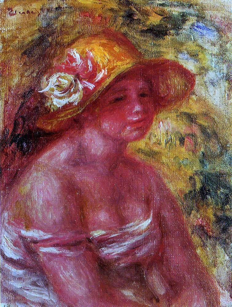  Pierre Auguste Renoir Bust of a Young Girl Wearing a Straw Hat - Canvas Print