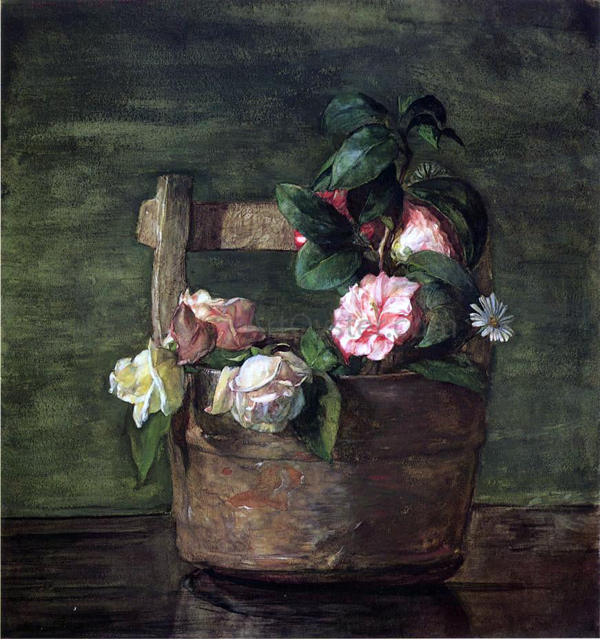  John La Farge Camellias and Roses in Japanese Vase of Earthenware with Crackle - Canvas Print