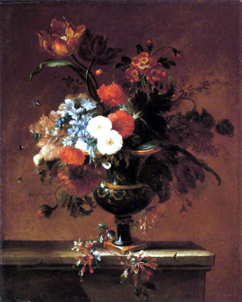 Jacques-Charles Dutillieu Carnations, Peonies, Narcissi and other Flowers in an Urn on a Ledge - Canvas Print