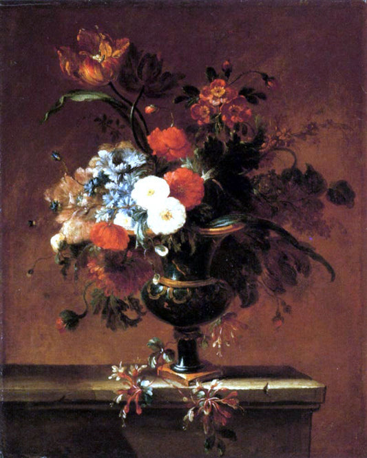  Jacques-Charles Dutillieu Carnations, Peonies, Narcissi and other Flowers in an Urn on a Ledge - Canvas Print