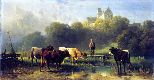  Fredrich Johann Voltz Cattle Watering at a Lake by a Fisherman and His Dog - Canvas Print