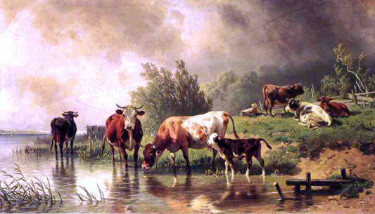  Fredrich Johann Voltz Cattle Watering by Stream under Darkening Skies - Canvas Print