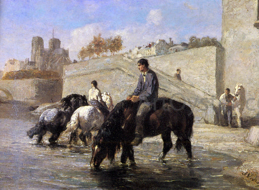  Jules Jacques Veyrassat Chevaux s'Abreuvant dans la Seine Derriere Notre Dame - Canvas Print