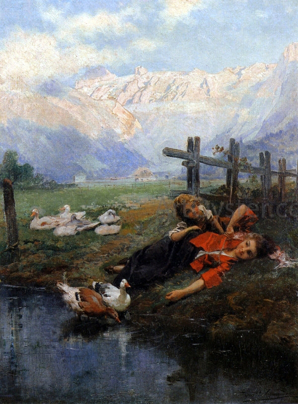  Daniel Hernandez Children and Geese by a Pond - Canvas Print