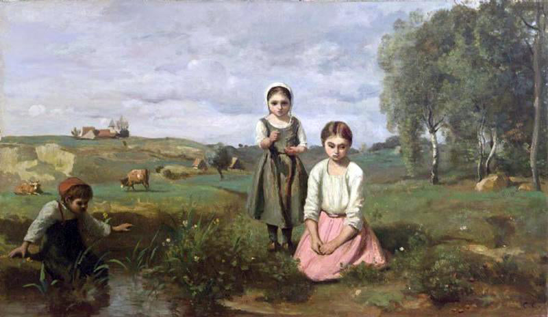  Jean-Baptiste-Camille Corot Children at the Edge of a Stream in the Countryside near Lormes - Canvas Print