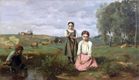  Jean-Baptiste-Camille Corot Children at the Edge of a Stream in the Countryside near Lormes - Canvas Print