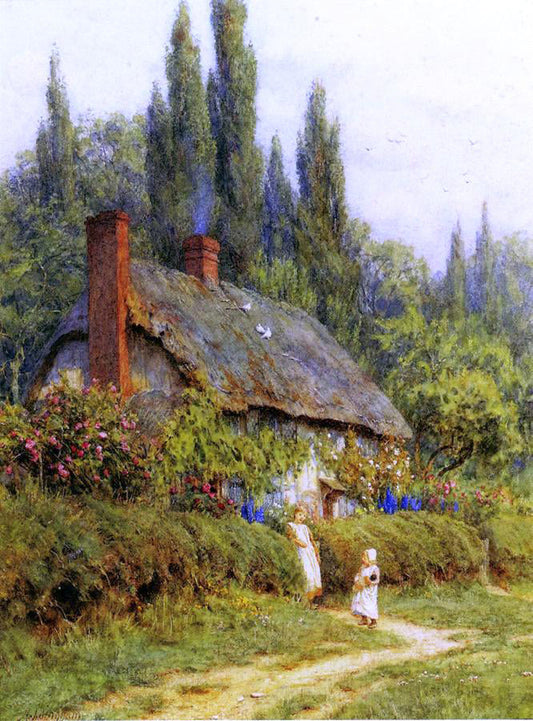 Helen Allingham Children on a Path outside a Thatched Cotate, West Horsley, Surrey - Canvas Print