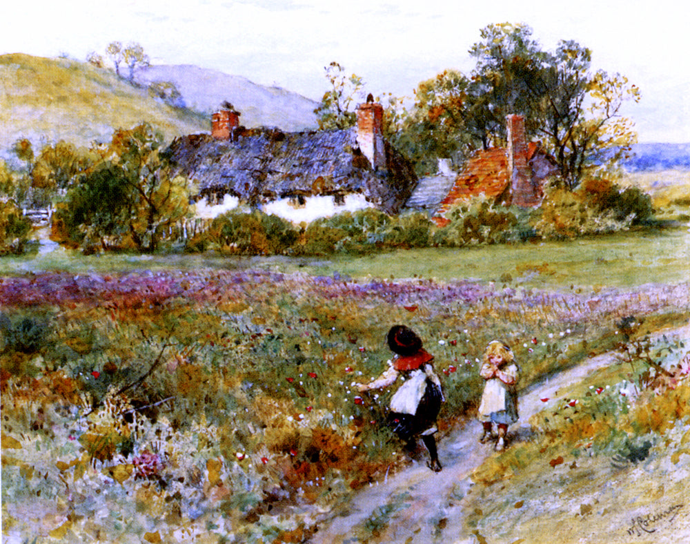  William Stephen Coleman Children Playing On A Path, Cottages Beyond - Canvas Print