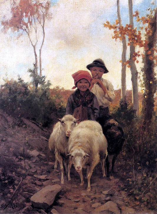  Stefano Bruzzi Children With Sheep On A Path - Canvas Print