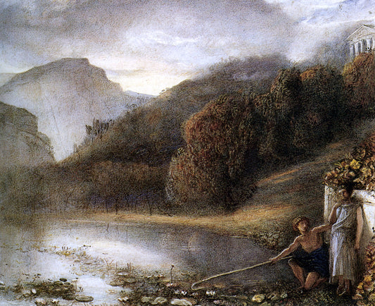  James Smetham Classical figures by a river with a Temple Beyond - Canvas Print