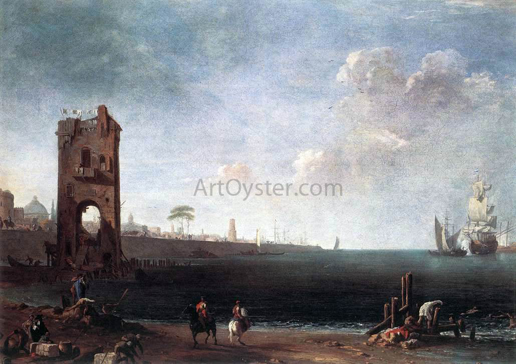  Marco Ricci Coastal View with Tower - Canvas Print