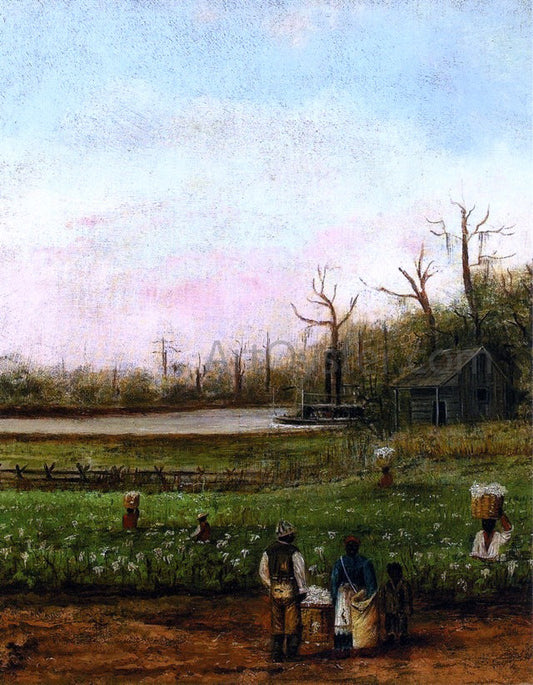 William Aiken Walker Cottonfield with Bayou, Steamboat, Road, Cabin and Fieldhands - Canvas Print
