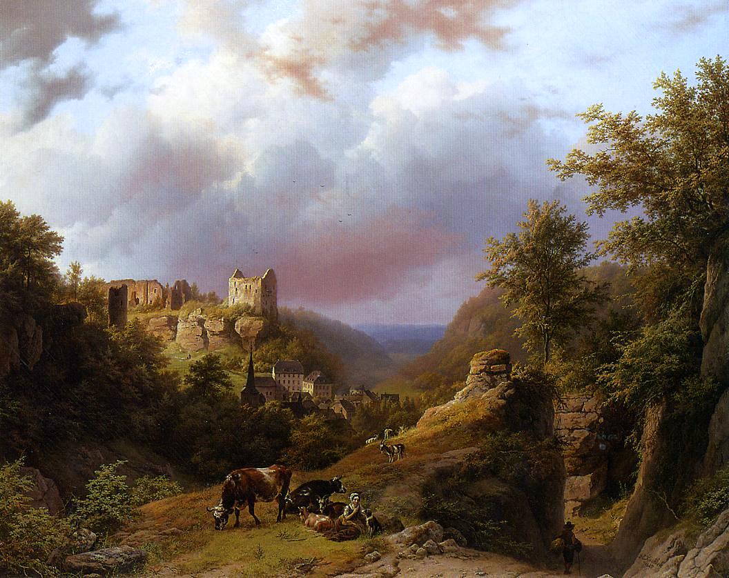  Barend Cornelis Koekkoek Countryfolk, Cattle and Goats on a Mountain Path with a Village Beyond - Canvas Print