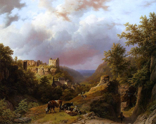  Barend Cornelis Koekkoek Countryfolk, Cattle and Goats on a Mountain Path with a Village Beyond - Canvas Print