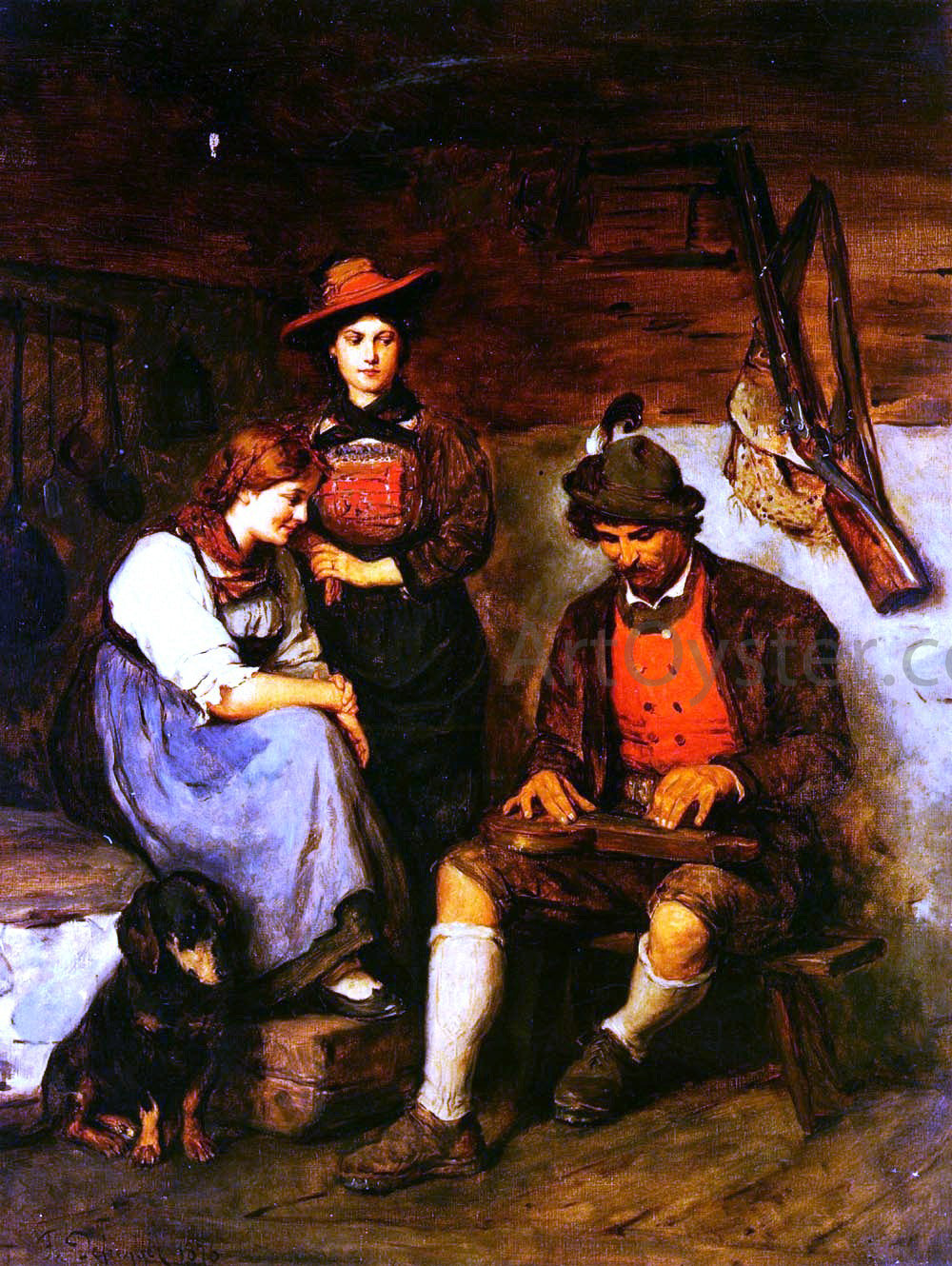  Franz Von Defregger Der Zitherspieler Auf Der Alm, Dem Zwei Madchen Zuhoren - Canvas Print