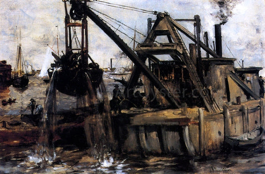  John Twachtman Dredging in the East River - Canvas Print