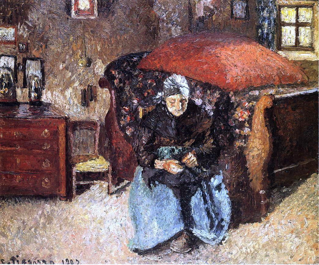  Camille Pissarro Elderly Woman Mending Old Clothes, Moret - Canvas Print