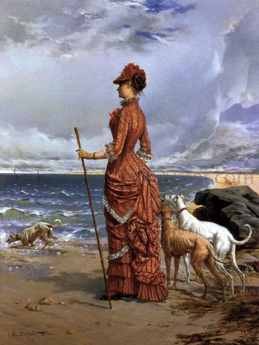  Edmond-Louis Dupain Elegant Lady Walking Her Greyhounds on the Beach - Canvas Print