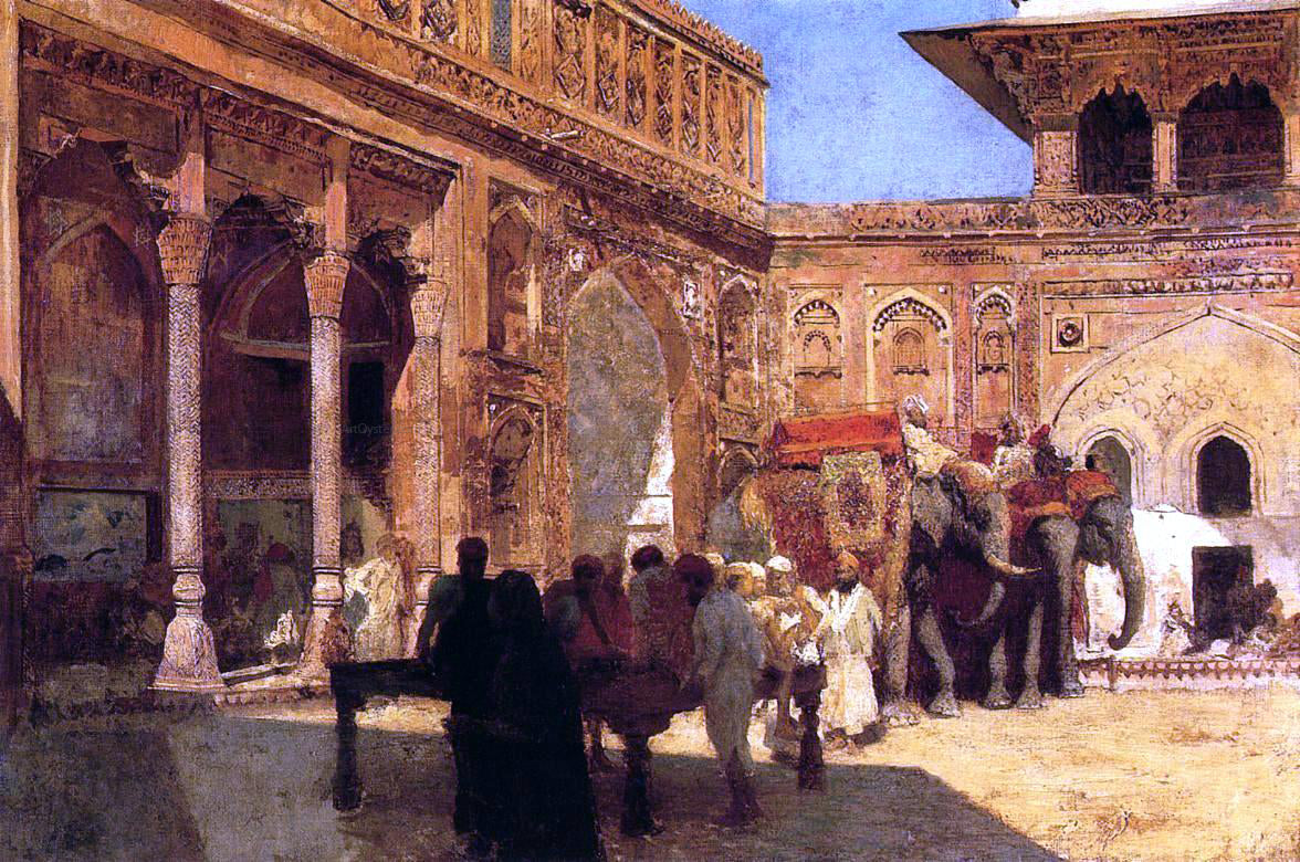  Edwin Lord Weeks Elephants and Figures in a Courtyard, Fort Agra - Canvas Print