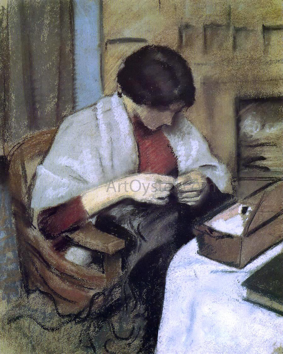  August Macke Elizabeth Gerhardt, Sewing (also known as Girl Sewing) - Canvas Print