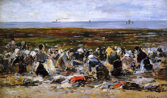  Eugene-Louis Boudin Etretat, Laundresses on the Beach, Low Tide - Canvas Print