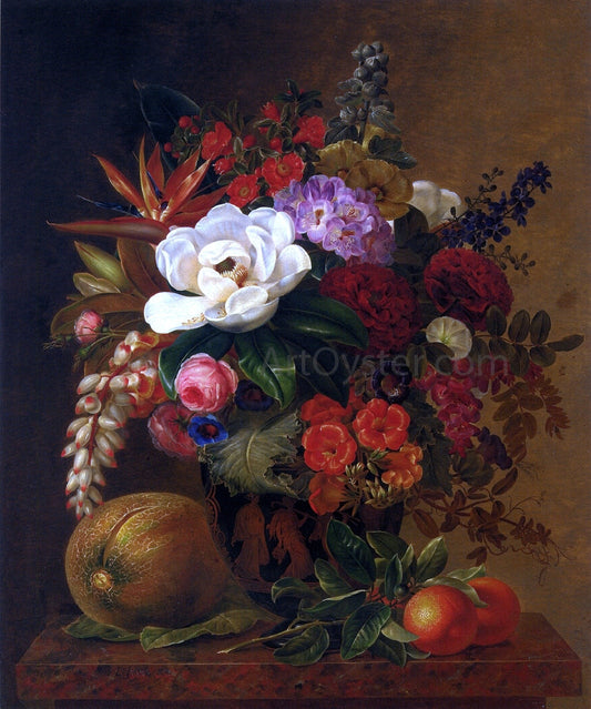  Johan Laurentz Jensen Exotic Blooms in a Grecian Urn with Fruit on a Marble Ledge - Canvas Print