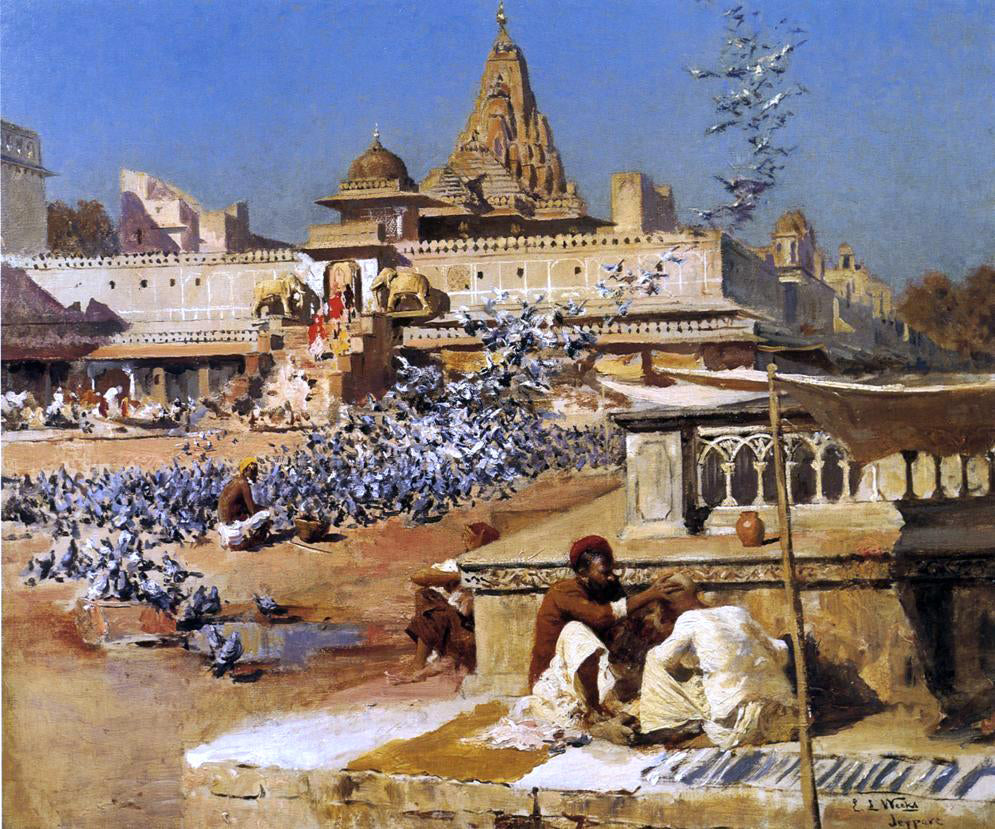  Edwin Lord Weeks Feeding the Sacred Pigeons, Jaipur - Canvas Print