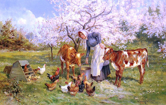  Claude Cardon Feeding Time In The Orchard - Canvas Print