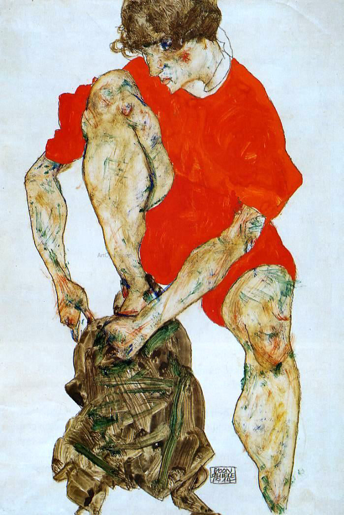 Egon Schiele Female Model in Bright Red Jacket and Pants - Canvas Print