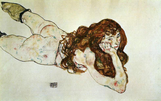  Egon Schiele Female Nude Lying on Her Stomach - Canvas Print