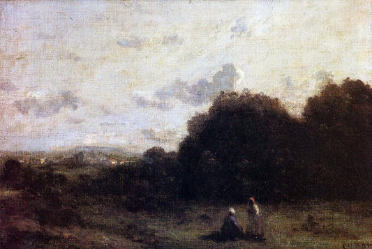  Jean-Baptiste-Camille Corot Fields with a Village on the Horizon, Two Figures in the Foreground - Canvas Print